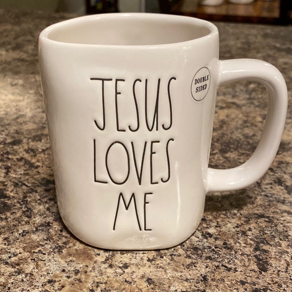 Rae Dunn JESUS LOVES ME Mug with Cross on back